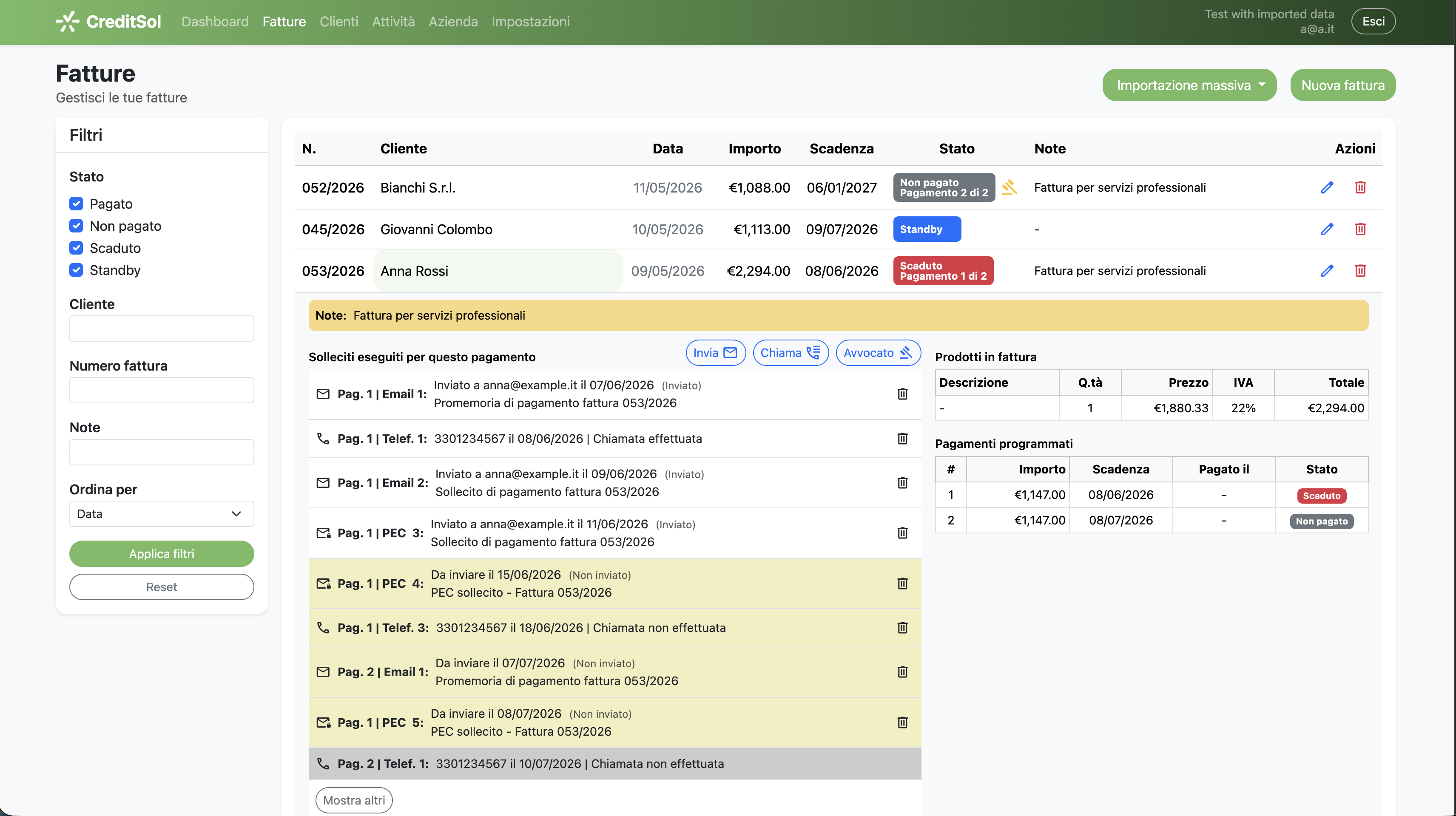 An open CreditSol invoice showing the reminder history, the products on the invoice and the scheduled installments.